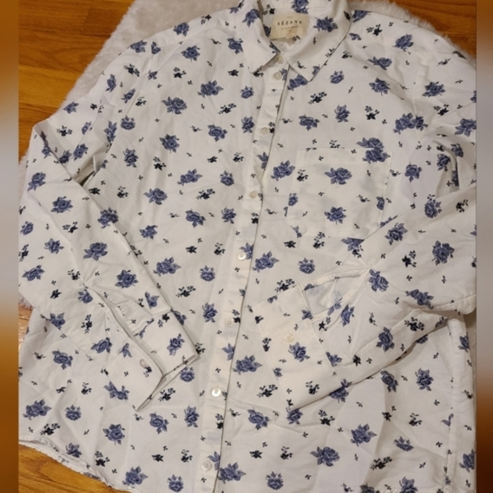 Sezane Cream Floral Button-Front Top with Blue Print - Picture 3 of 6